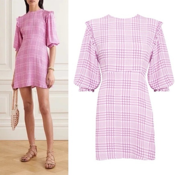 Faithful The Brand Edwina Pink Plaid Ruffled Puff long-Sleeve Mini Dress Size L - Picture 11 of 13